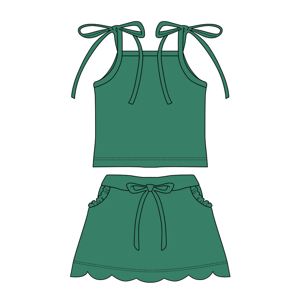 ( Moq 5 ) Preorder Baby Girls Straps Green Tops Pockets Scallop Skirt Shorts Set Clothes