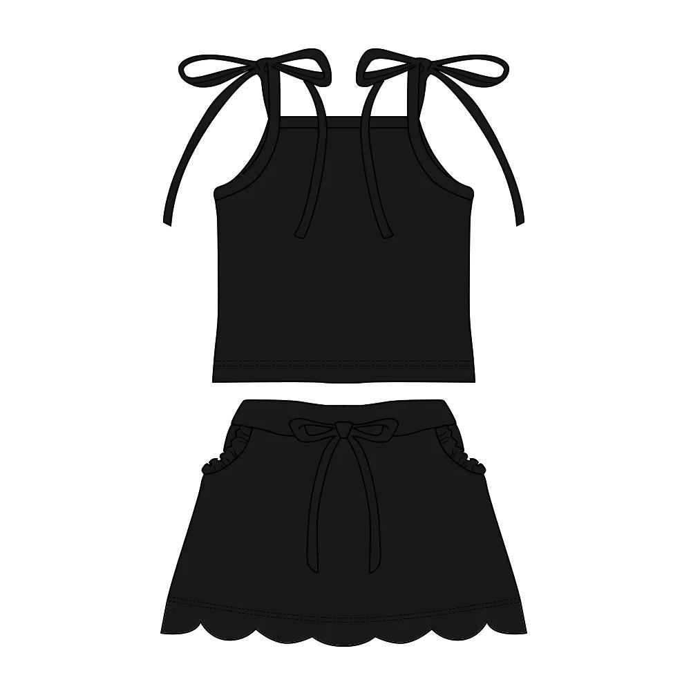( Moq 5 ) Preorder Baby Girls Straps Black Tops Pockets Scallop Skirt Shorts Set Clothes