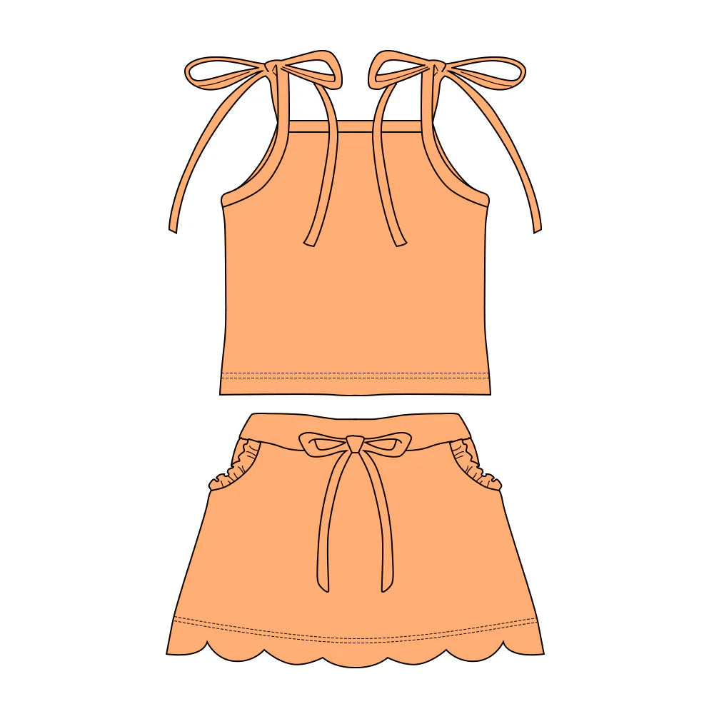 ( Moq 5 ) Preorder Baby Girls Straps Orange Tops Pockets Scallop Skirt Shorts Set Clothes