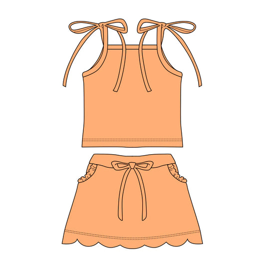 ( Moq 5 ) Preorder Baby Girls Straps Orange Tops Pockets Scallop Skirt Shorts Set Clothes