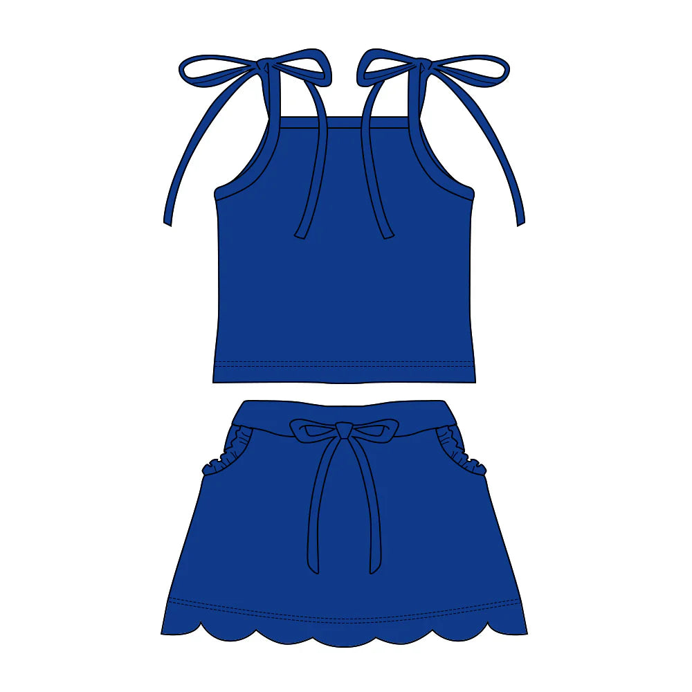 ( Moq 5 ) Preorder Baby Girls Straps Blue Tops Pockets Scallop Skirt Shorts Set Clothes