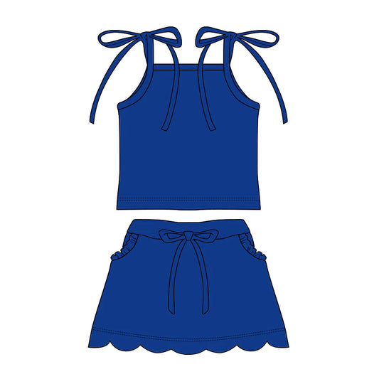 ( Moq 5 ) Preorder Baby Girls Straps Blue Tops Pockets Scallop Skirt Shorts Set Clothes