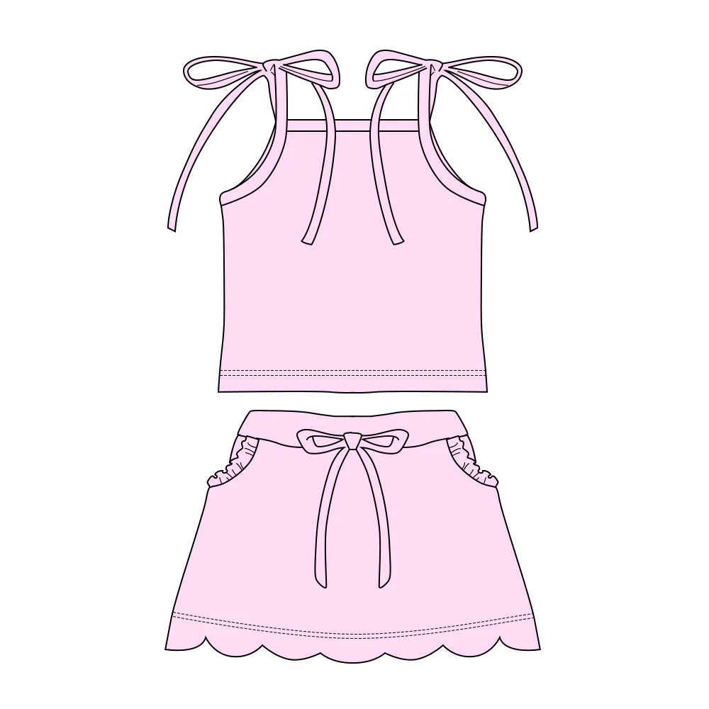 ( Moq 5 ) Preorder Baby Girls Straps Light Pink Tops Pockets Scallop Skirt Shorts Set Clothes
