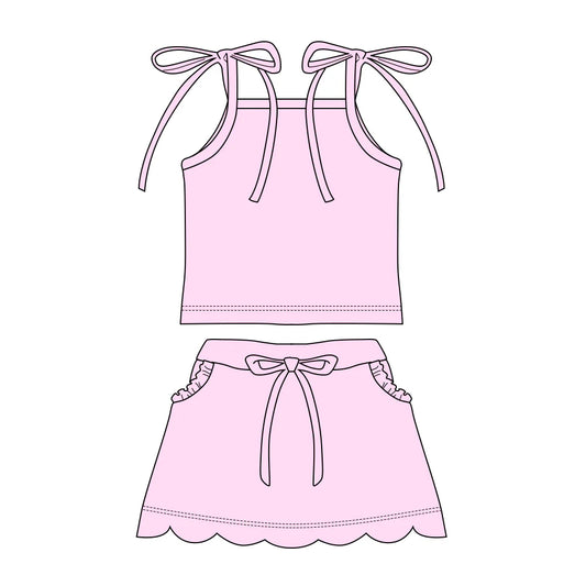 ( Moq 5 ) Preorder Baby Girls Straps Light Pink Tops Pockets Scallop Skirt Shorts Set Clothes