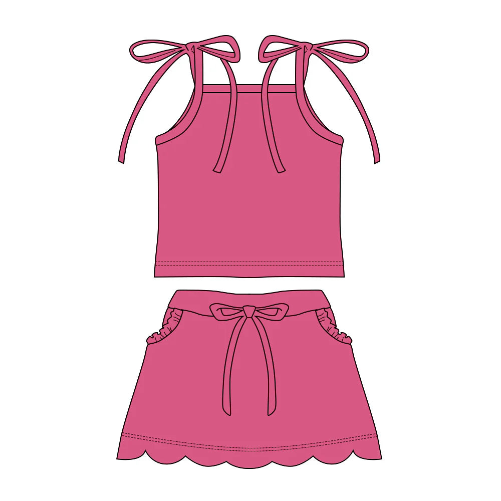 ( Moq 5 ) Preorder Baby Girls Straps Pink Tops Pockets Scallop Skirt Shorts Set Clothes