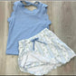 ( Moq 5 ) Preorder Baby Girls Kids Blue Scallop Tops Floral Pockets Skirt Shorts Yoga Summer Set