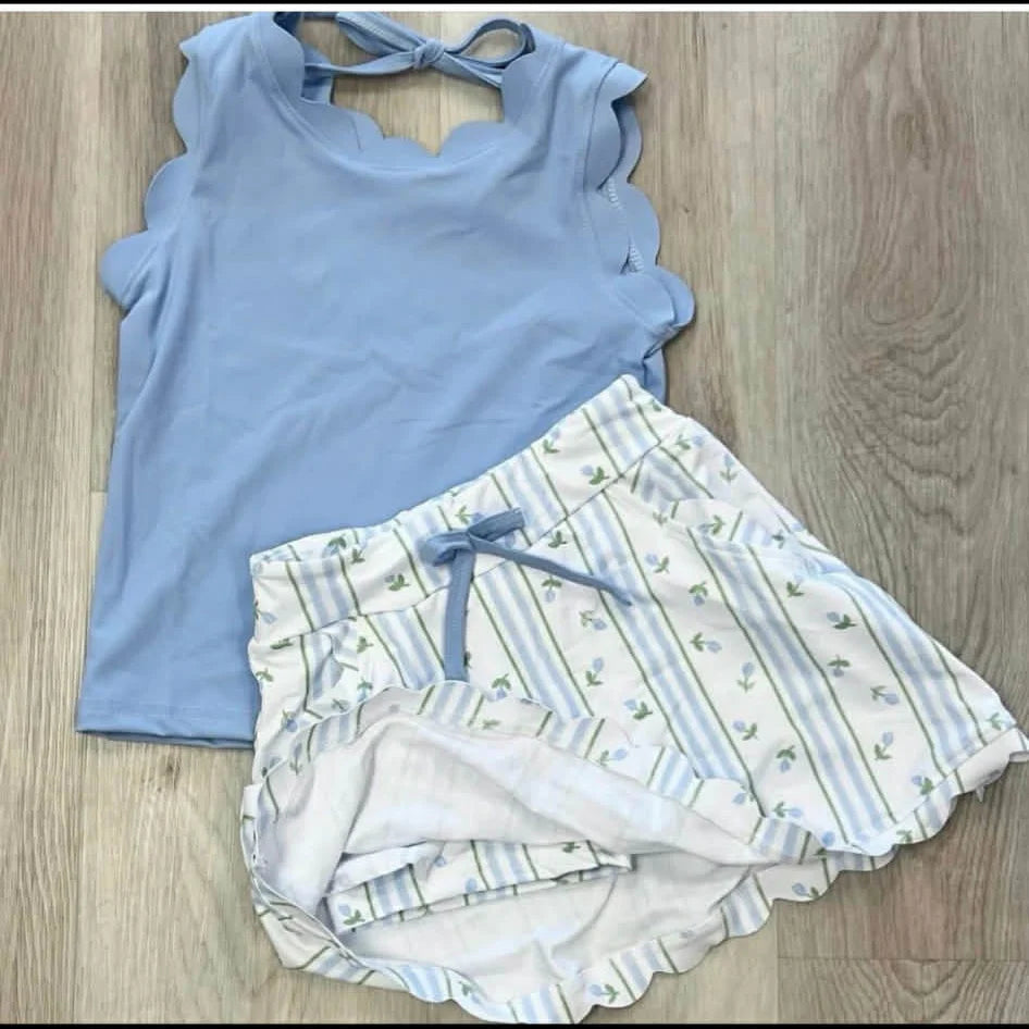 ( Moq 5 ) Preorder Baby Girls Kids Blue Scallop Tops Floral Pockets Skirt Shorts Yoga Summer Set