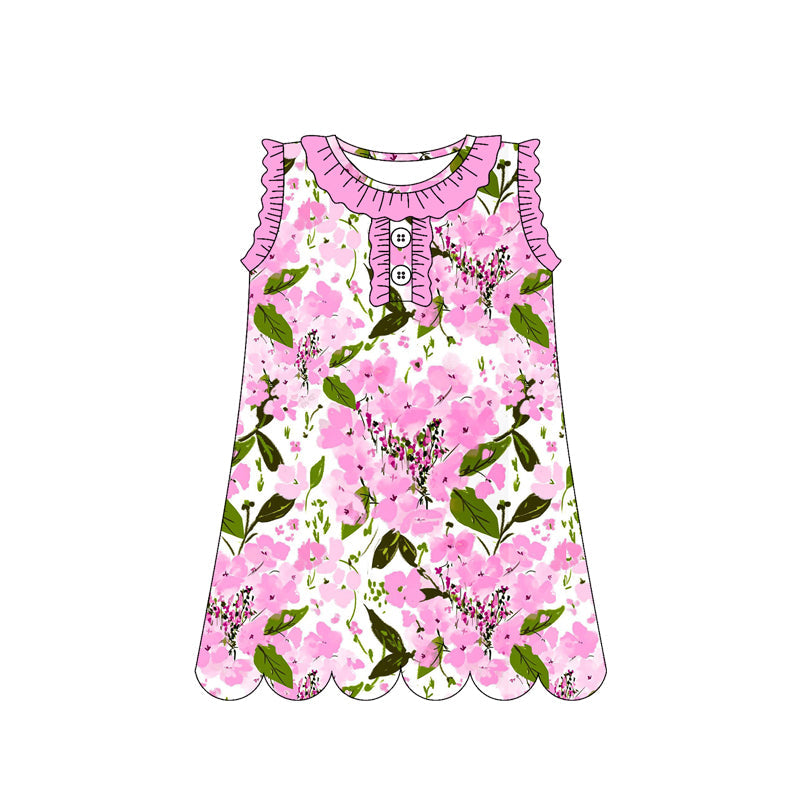 ( Moq 5 )  Preorder Baby Girls Sleeveless Flower Pink Ruffle Buttons Knee Length Dress
