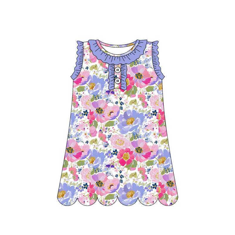 ( Moq 5 )  Preorder Baby Girls Sleeveless Flower Purple Ruffle Buttons Knee Length Dress