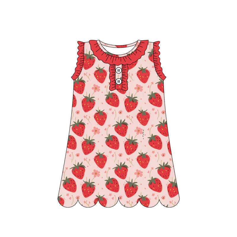 ( Moq 5 )  Preorder Baby Girls Sleeveless Strawberry Flower Buttons Knee Length Dress