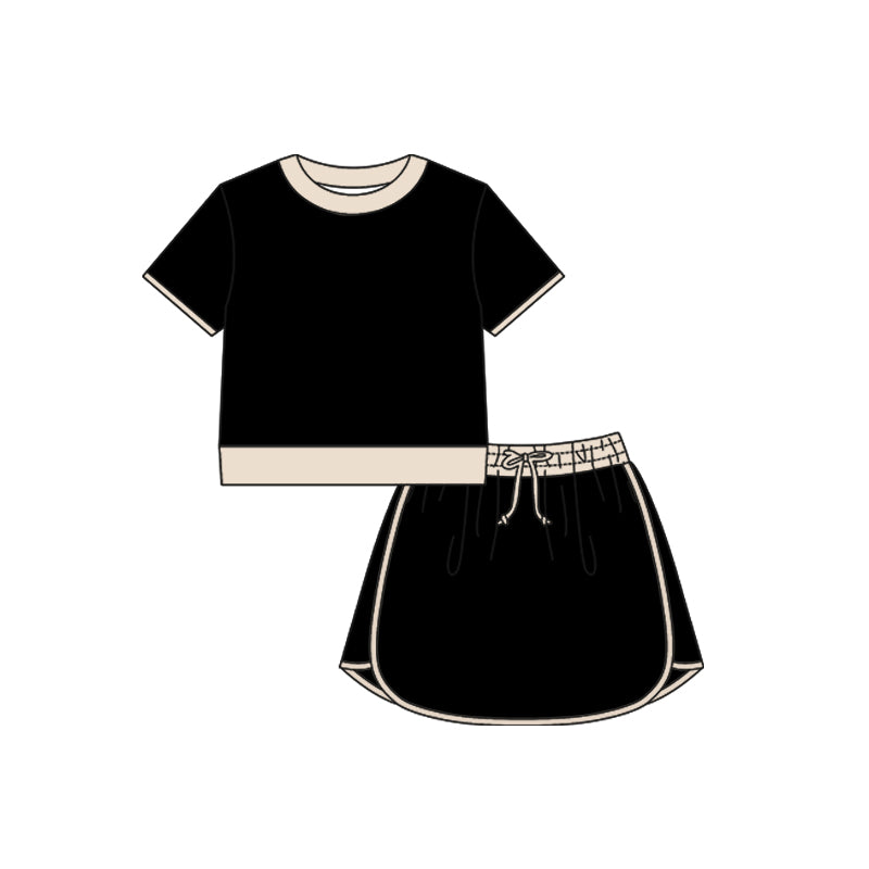 ( Moq 5 ) Preorder Baby Girls Kids Short Sleeves Black Shirt Skirt Shorts Set Summer Clothes