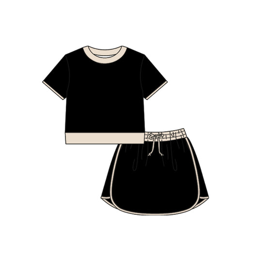 ( Moq 5 ) Preorder Baby Girls Kids Short Sleeves Black Shirt Skirt Shorts Set Summer Clothes