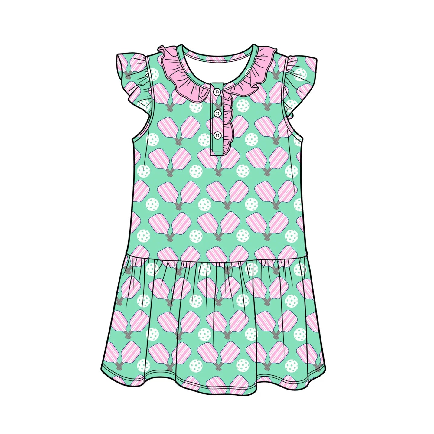 ( Moq 5 )  Preorder Baby Girls Kids Short Sleeves Tennis Buttons Green Knee Length Dress