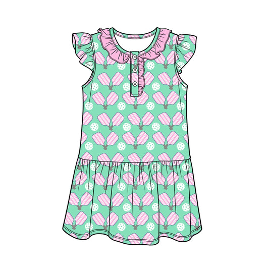 ( Moq 5 )  Preorder Baby Girls Kids Short Sleeves Tennis Buttons Green Knee Length Dress