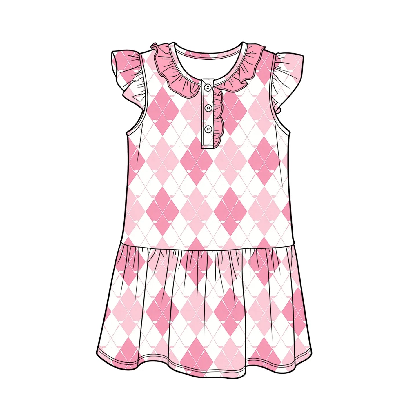 ( Moq 5 )  Preorder Baby Girls Kids Pink Plaid Golf Buttons Knee Length Dress