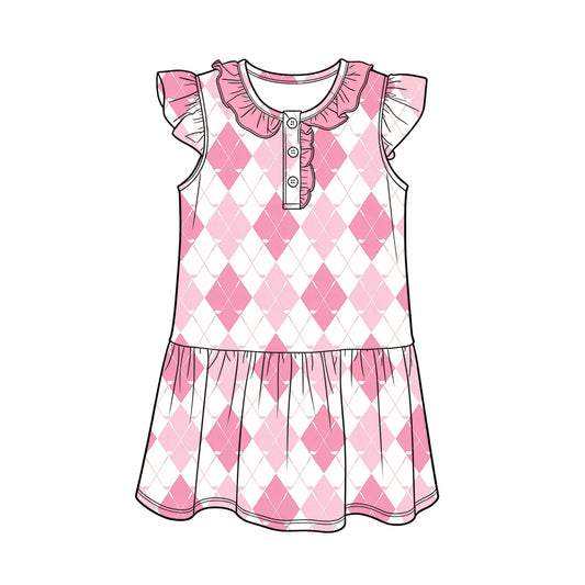 ( Moq 5 )  Preorder Baby Girls Kids Pink Plaid Golf Buttons Knee Length Dress