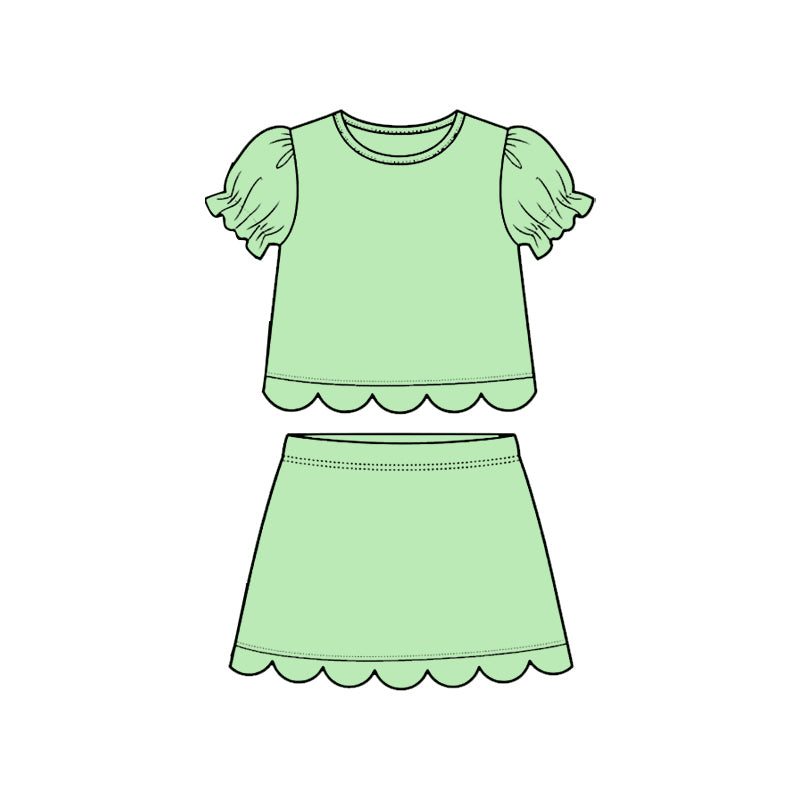 ( Moq 5 ) Preorder Baby Girls Kids Short Sleeves Light Green Shirt Scallop Skirt Shorts Set Clothes