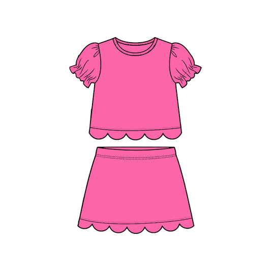 ( Moq 5 ) Preorder Baby Girls Kids Short Sleeves Hot Pink Shirt Scallop Skirt Shorts Set Clothes
