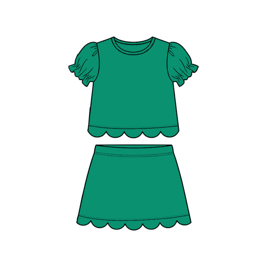 ( Moq 5 ) Preorder Baby Girls Kids Short Sleeves Green Shirt Scallop Skirt Shorts Set Clothes