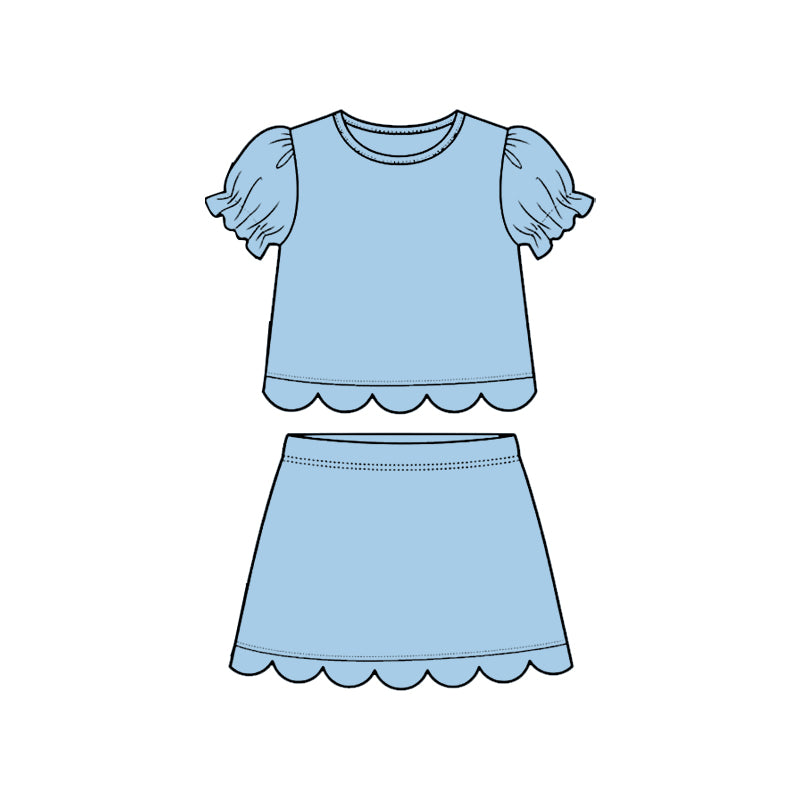( Moq 5 ) Preorder Baby Girls Kids Short Sleeves Blue Shirt Scallop Skirt Shorts Set Clothes