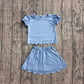 ( No moq ) Preorder Baby Girls Kids Short Sleeves Blue Shirt Scallop Skirt Shorts Set Clothes