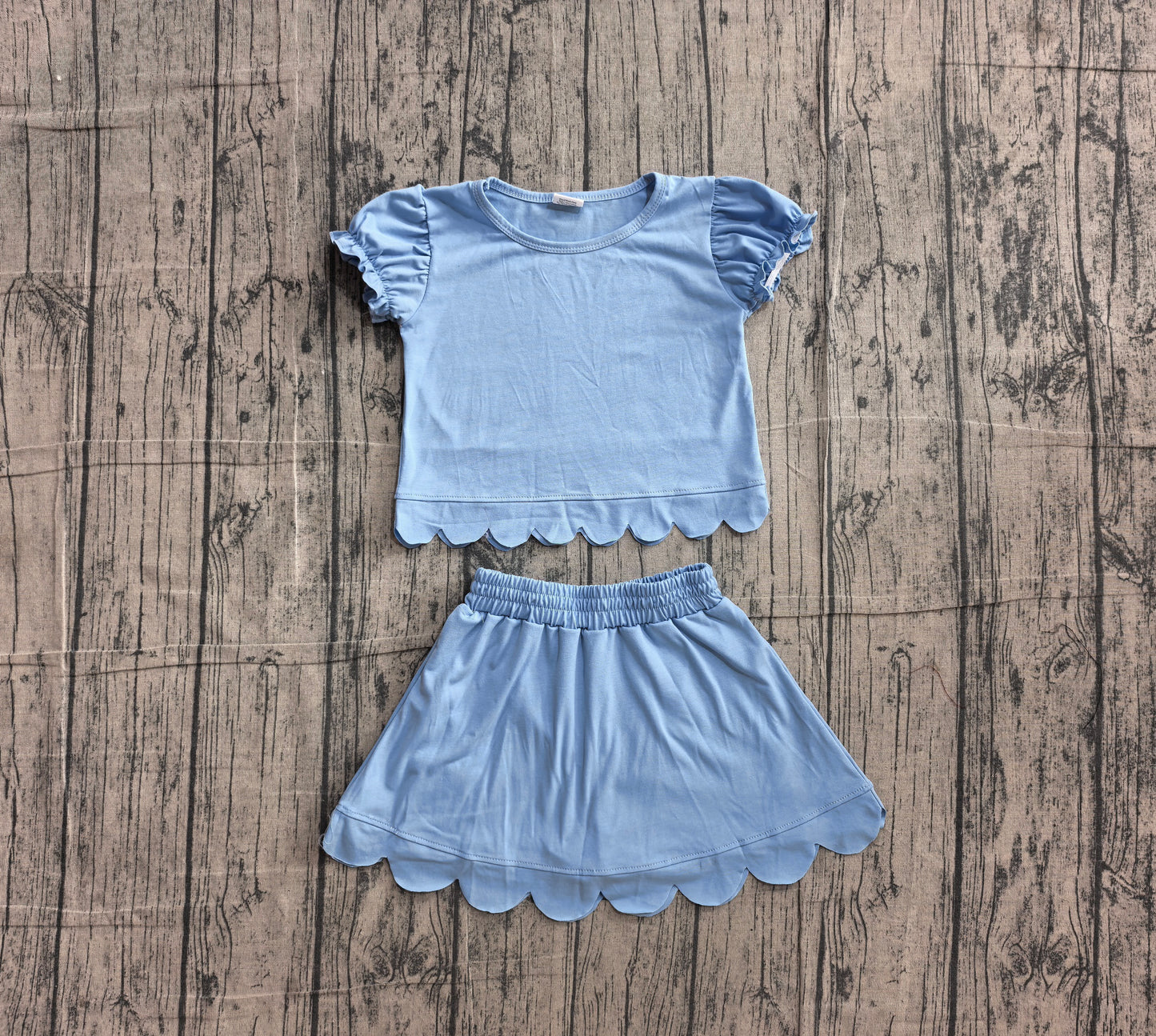 ( No moq ) Preorder Baby Girls Kids Short Sleeves Blue Shirt Scallop Skirt Shorts Set Clothes