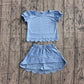 ( No moq ) Preorder Baby Girls Kids Short Sleeves Blue Shirt Scallop Skirt Shorts Set Clothes