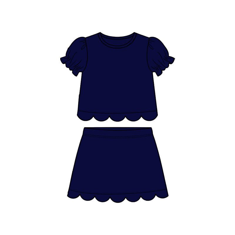 ( Moq 5 ) Preorder Baby Girls Kids Short Sleeves Navy Shirt Scallop Skirt Shorts Set Clothes