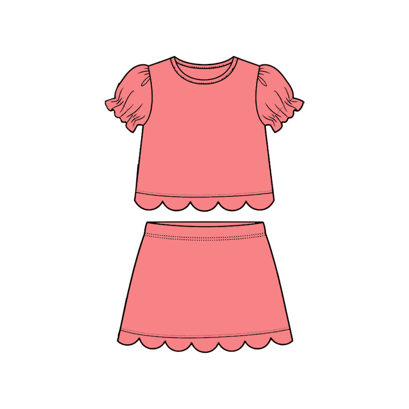 ( Moq 5 ) Preorder Baby Girls Kids Short Sleeves Peach Shirt Scallop Skirt Shorts Set Clothes