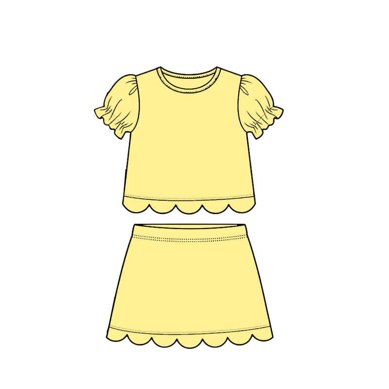 ( Moq 5 ) Preorder Baby Girls Kids Short Sleeves Yellow Shirt Scallop Skirt Shorts Set Clothes