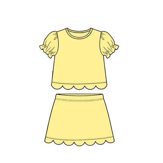 ( Moq 5 ) Preorder Baby Girls Kids Short Sleeves Yellow Shirt Scallop Skirt Shorts Set Clothes