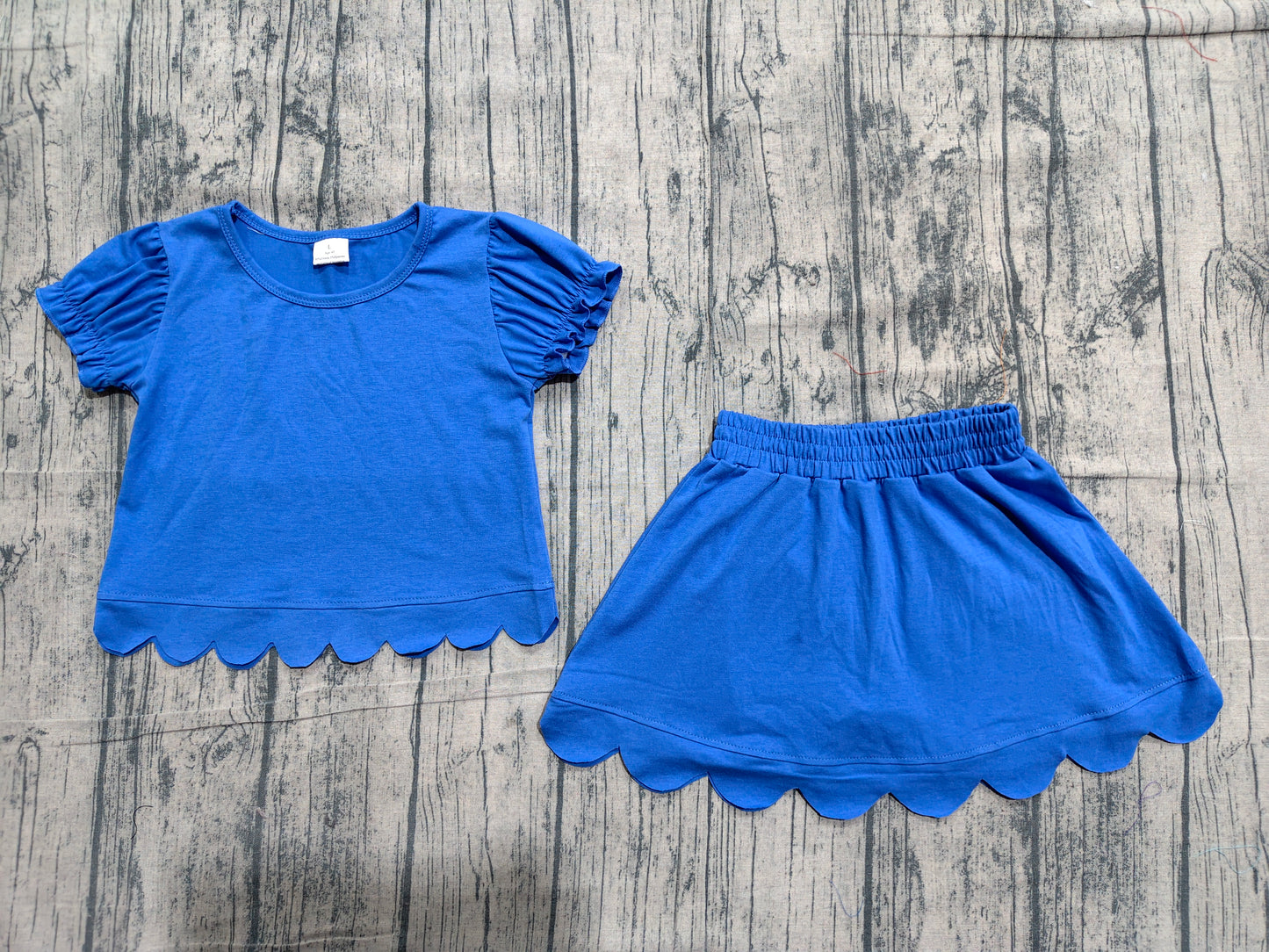 ( No moq ) Preorder Baby Girls Kids Short Sleeves Shirt Scallop Skirt Shorts Set Blue Clothes