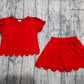 ( No moq ) Preorder Baby Girls Kids Short Sleeves Shirt Scallop Skirt Shorts Set Red Clothes