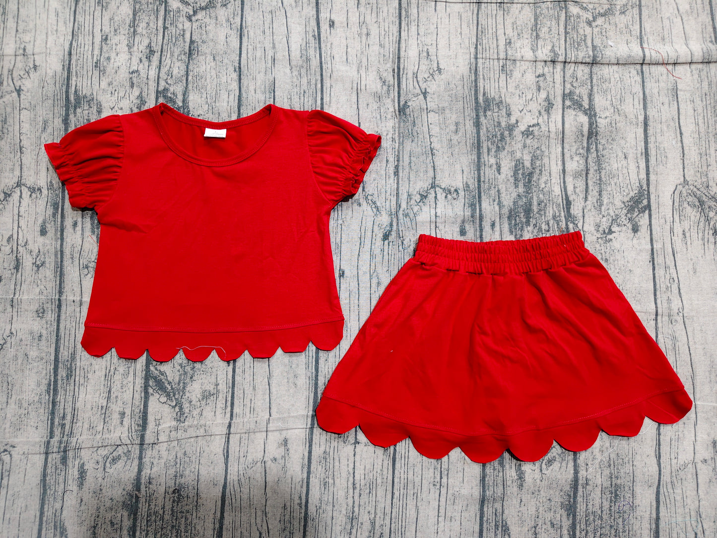 ( No moq ) Preorder Baby Girls Kids Short Sleeves Shirt Scallop Skirt Shorts Set Red Clothes