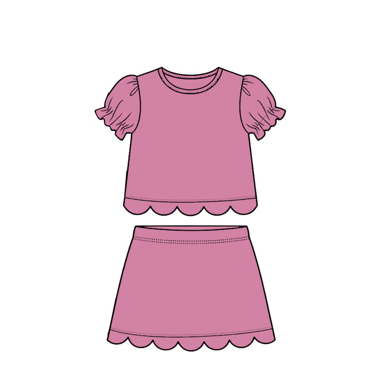 ( Moq 5 ) Preorder Baby Girls Kids Short Sleeves Shirt Scallop Skirt Shorts Set Cotton Clothes