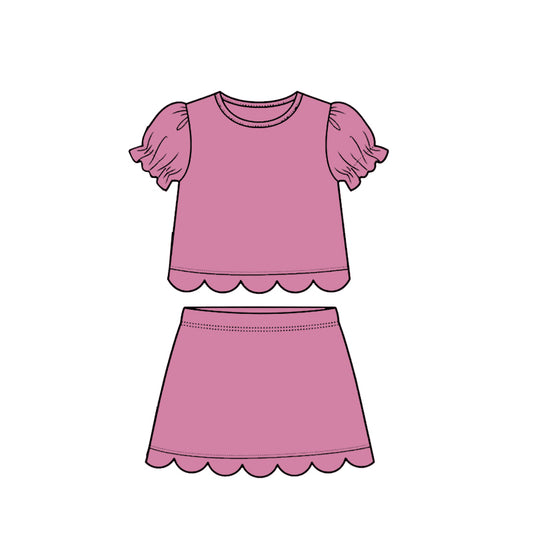 ( Moq 5 ) Preorder Baby Girls Kids Short Sleeves Shirt Scallop Skirt Shorts Set Cotton Clothes