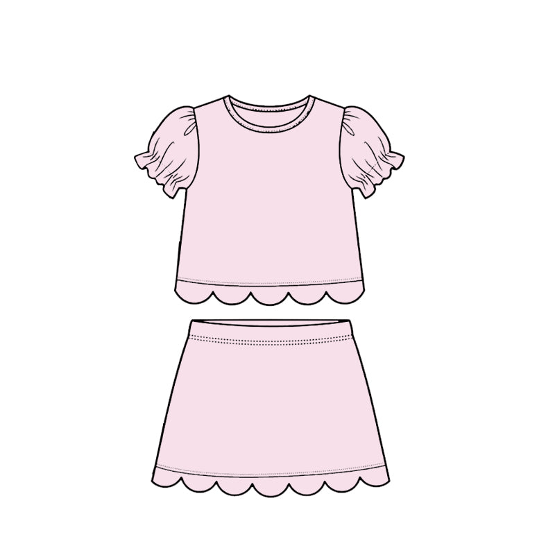 ( Moq 5 ) Preorder Baby Girls Kids Short Sleeves Pink Shirt Scallop Skirt Shorts Set Cotton Clothes