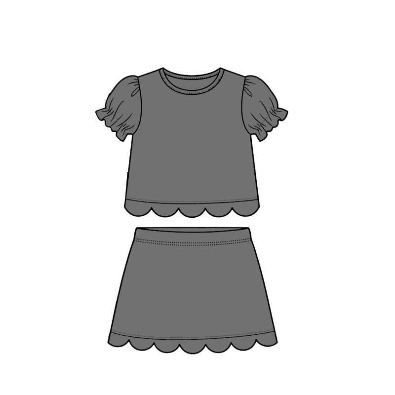 ( Moq 5 ) Preorder Baby Girls Kids Short Sleeves Grey Shirt Scallop Skirt Shorts Set Cotton Clothes