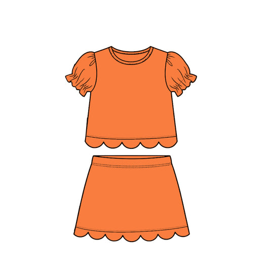 ( Moq 5 ) Preorder Baby Girls Kids Short Sleeves Orange Shirt Scallop Skirt Shorts Set Cotton Clothes