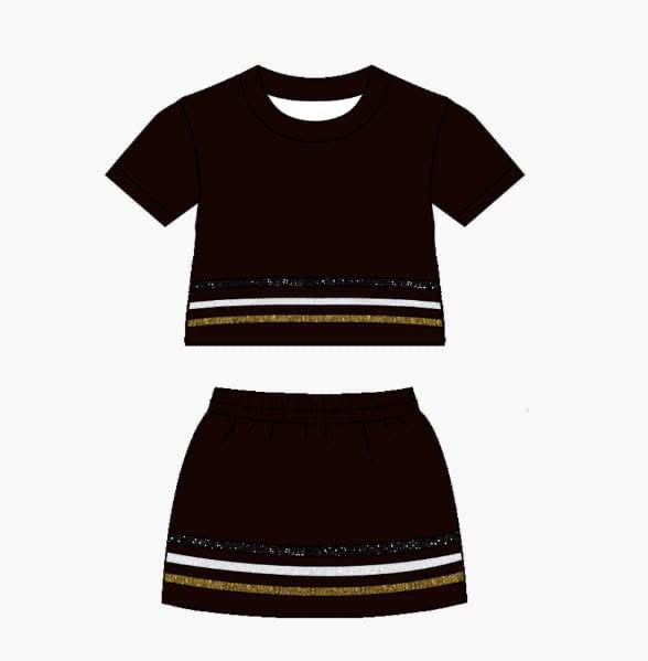( Moq 5 ) Preorder Baby Girls Kids Black Short Sleeves Stripes Shirt Scallop Skirt Shorts Set Cotton Clothes