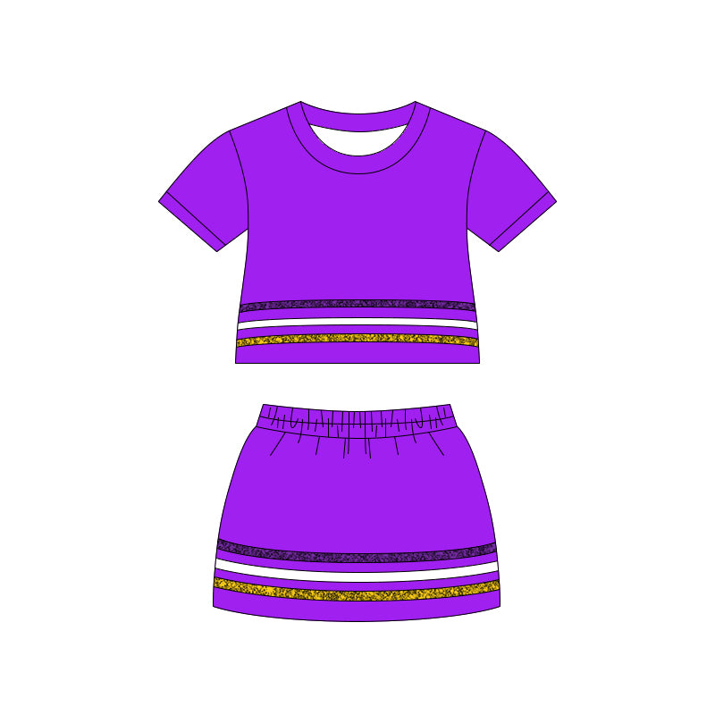 ( Moq 5 ) Preorder Baby Girls Kids Purple Short Sleeves Stripes Shirt Scallop Skirt Shorts Set Cotton Clothes
