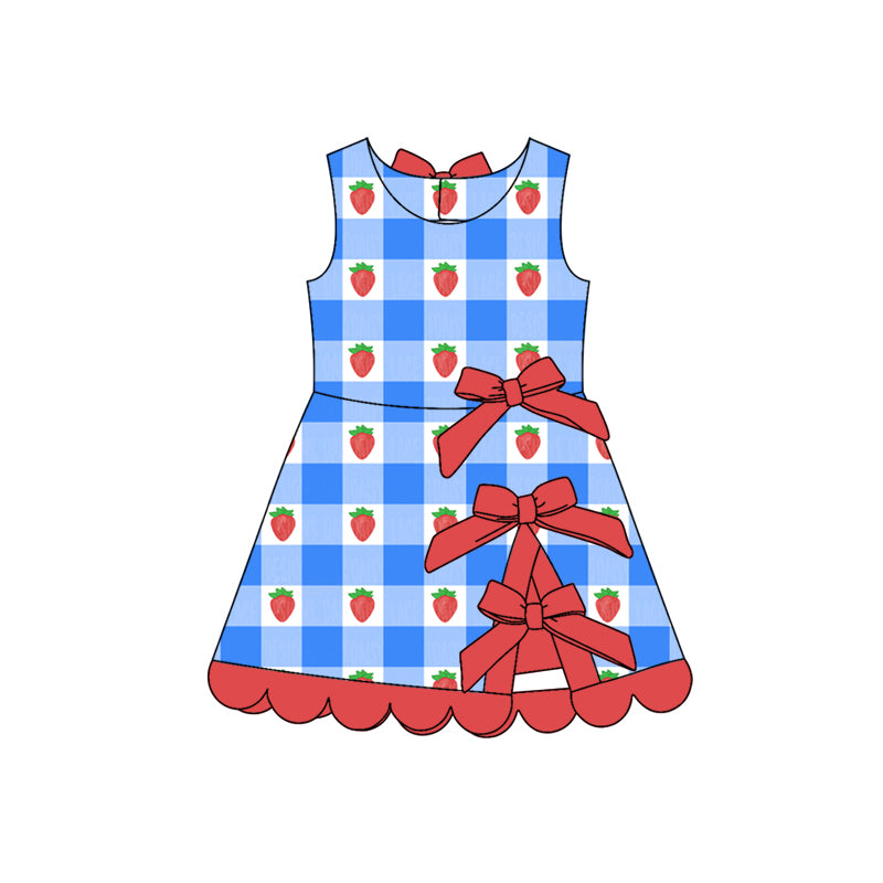 ( Moq 5 ) Preorder Baby Girls Strawberry Plaid Bows 4th of July Yoga Active Shorts Knee Length Scallop Dress