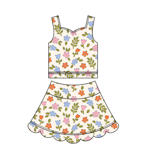 ( Moq 5 ) Preorder Baby Girls Kids Sleeveless Flower Tops Skirt Shorts Yoga Scallop Set Clothes