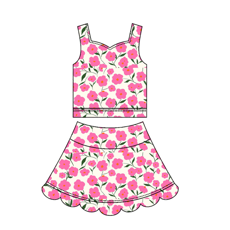 ( Moq 5 ) Preorder Baby Girls Kids Sleeveless Pink Flower Tops Skirt Shorts Yoga Scallop Set Clothes
