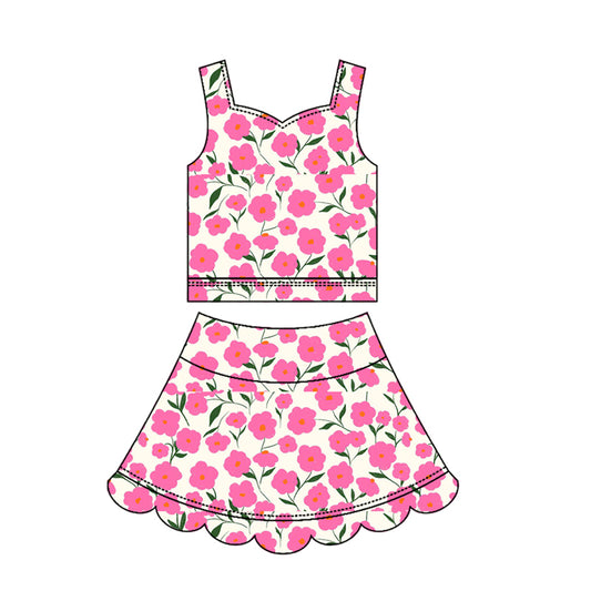 ( Moq 5 ) Preorder Baby Girls Kids Sleeveless Pink Flower Tops Skirt Shorts Yoga Scallop Set Clothes