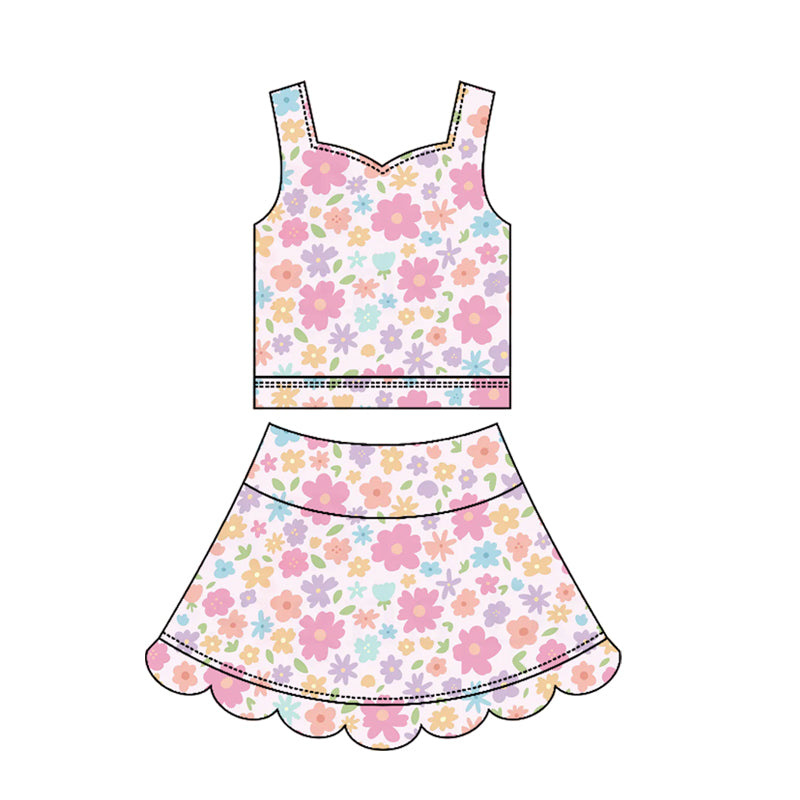 ( Moq 5 ) Preorder Baby Girls Kids Sleeveless Flower Tops Skirt Shorts Yoga Scallop Set Clothes