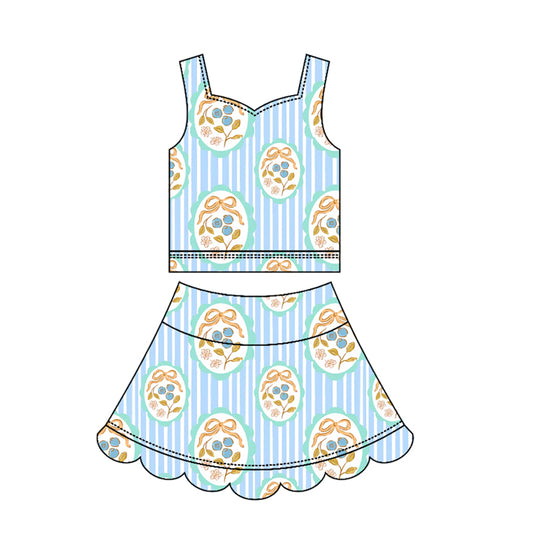 ( Moq 5 ) Preorder Baby Girls Kids Sleeveless Bows Stripes Tops Skirt Shorts Yoga Scallop Set Clothes