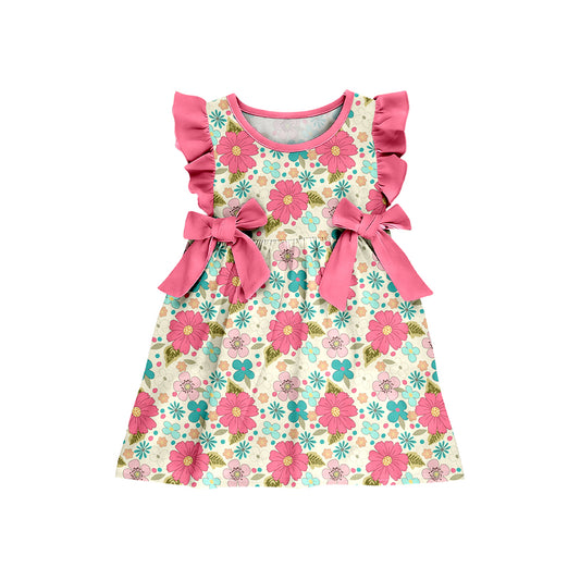 ( Moq 5 )  Preorder Baby Girls Kids Short Sleeves Pink Bows Flower Knee Length Dress