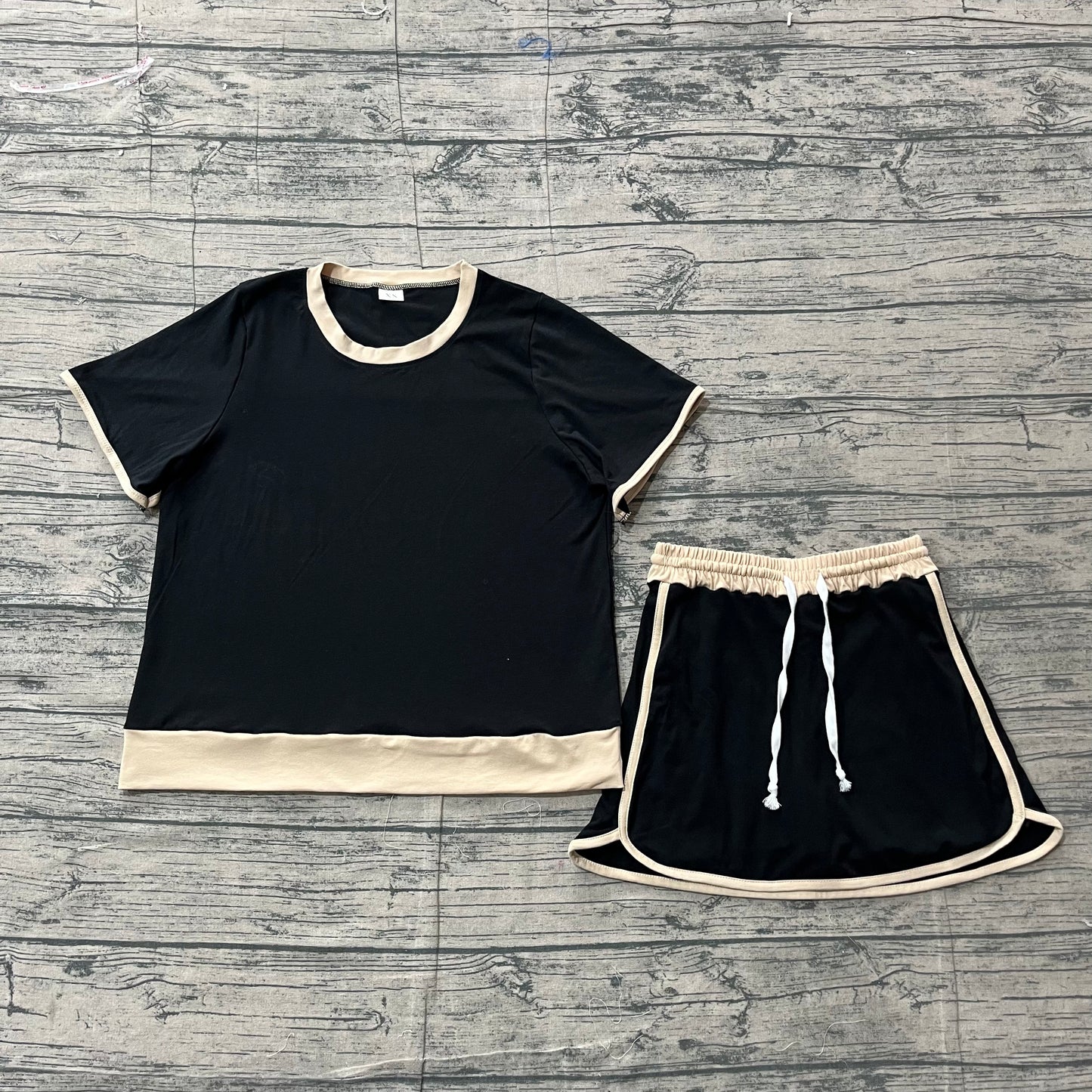 Adult Women Short Sleeves Black Skirt Shirt Shorts Summer Clothes Cotton Set RTS