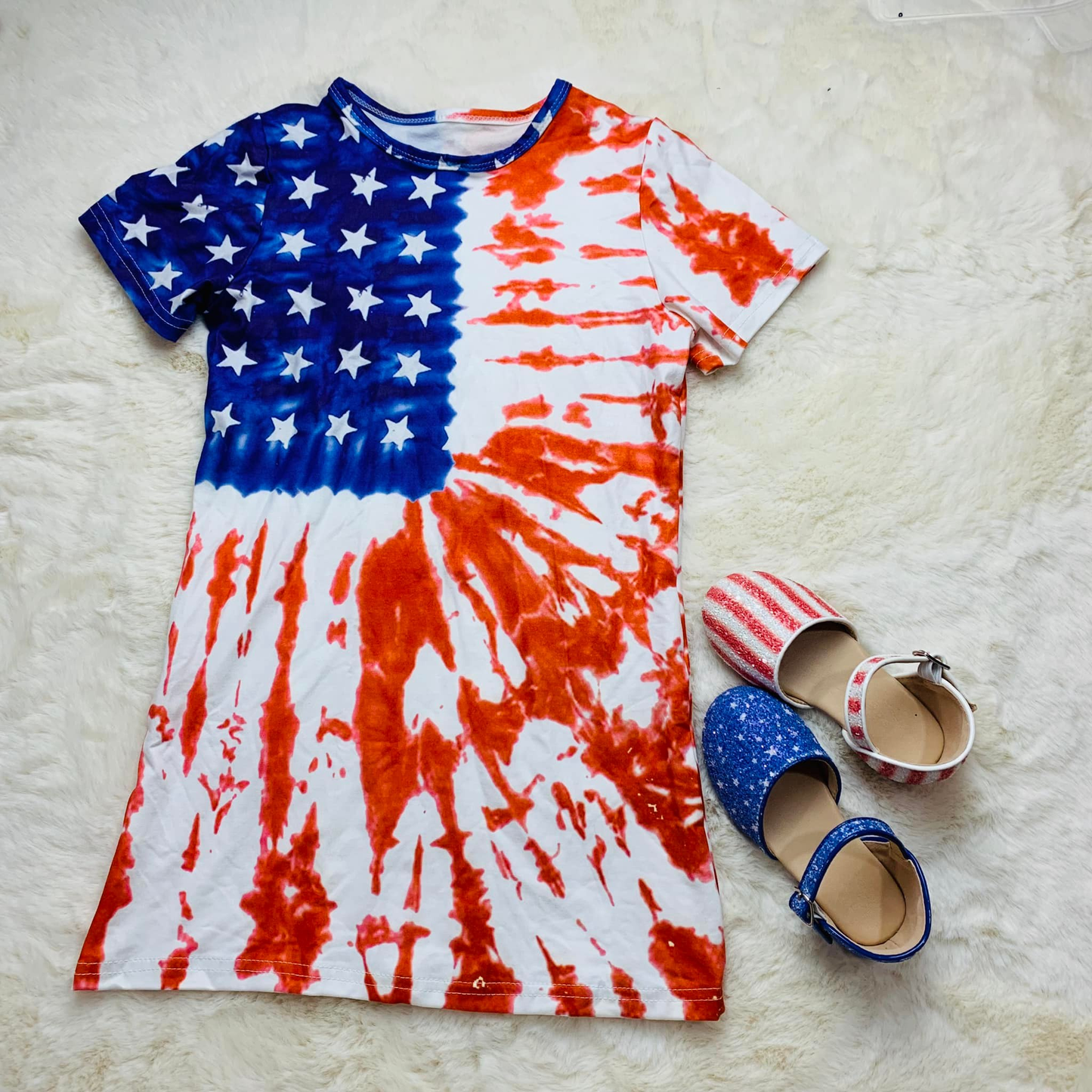 ( Moq 5 )  Preorder Baby Girls Kids Short Sleeves Stars Tie-dye 4th of July Knee Length Dress